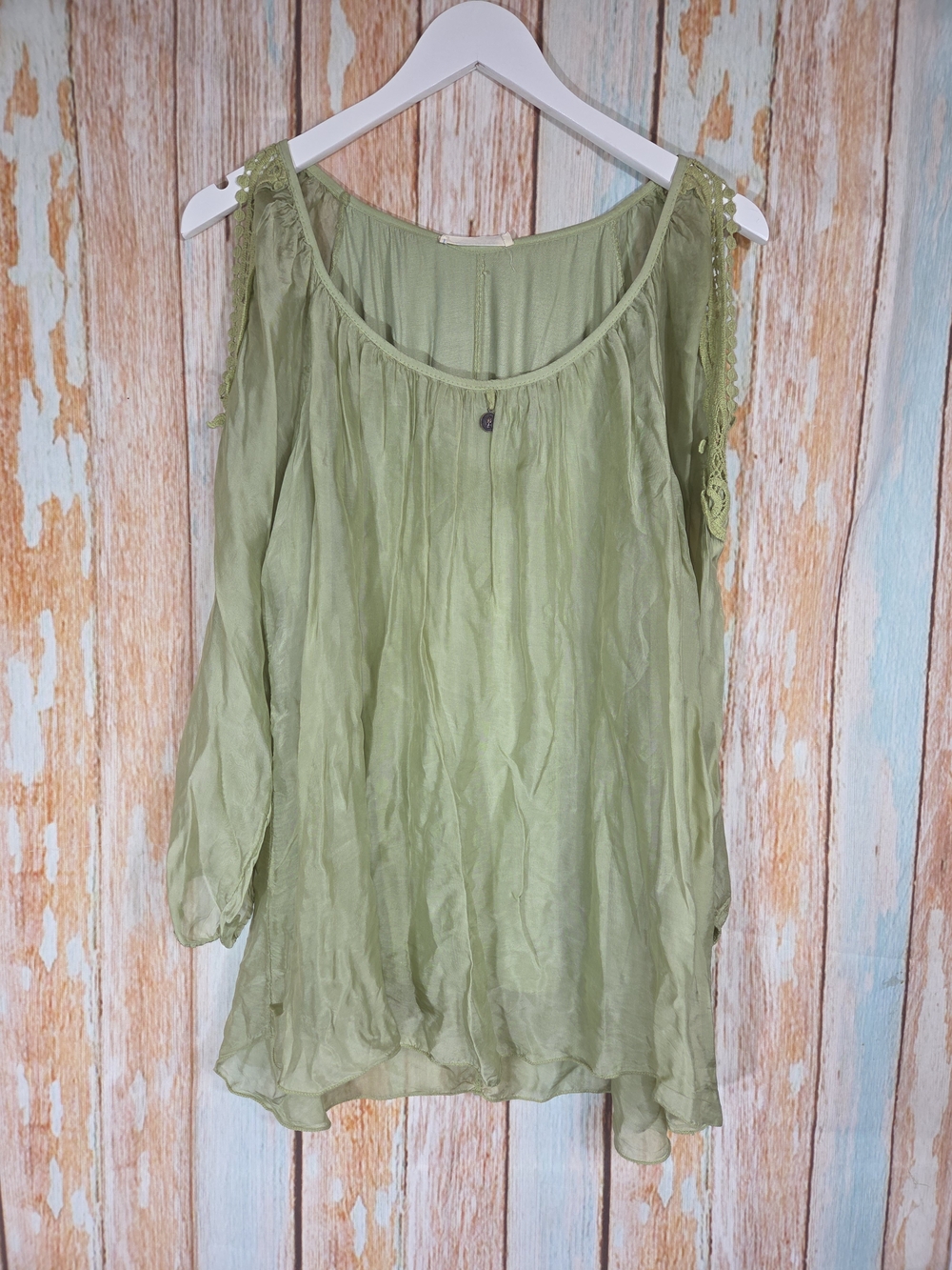 Belle France Light Green Women's Cold Shoulder Top. 100% Silk. Size Large. Boho